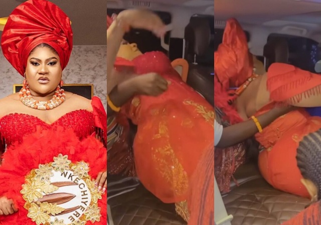 Nkechi Blessing stirs reactions as she struggles to get into a car in a tight-fitted dress