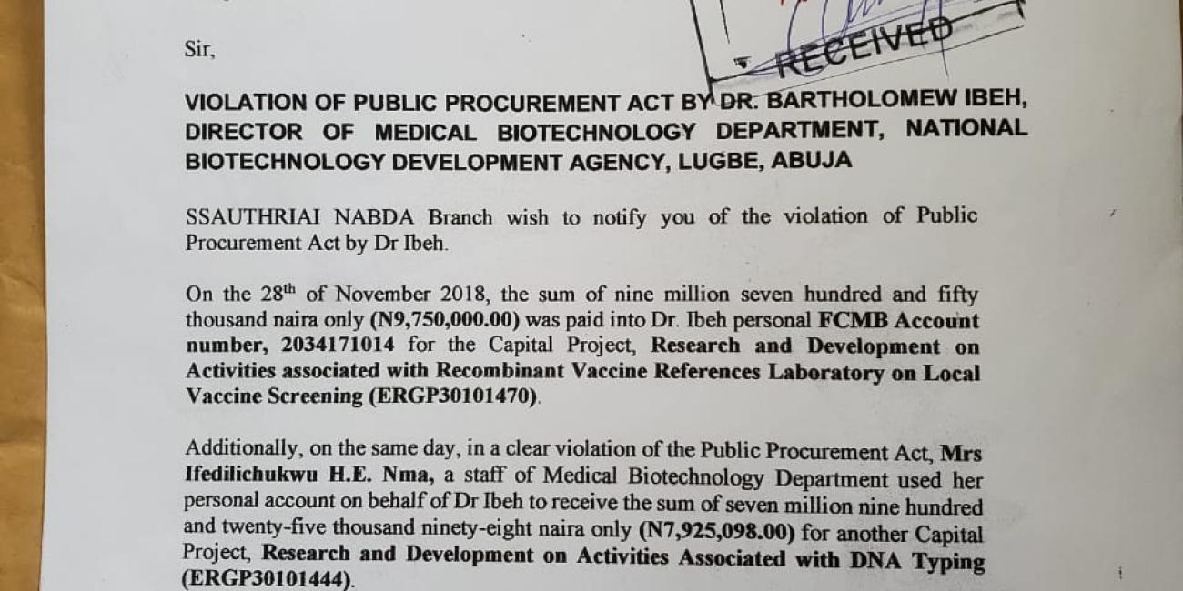 DOCUMENTS: Another Nigerian Agency, NABDA Paid Funds Meant For Capital Projects Into Civil Servants’ Bank Accounts