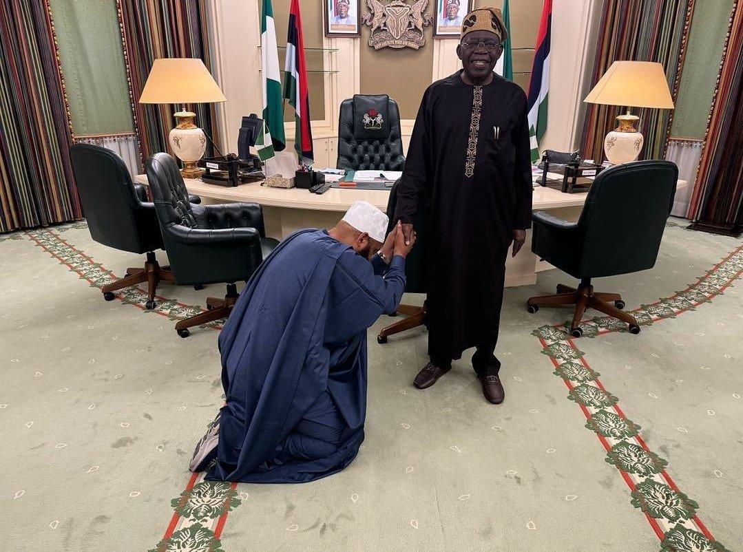 He Has Gone To Beg Him- Reactions As APC Gov Who Agreed With Peter Obi Kneels For Tinubu