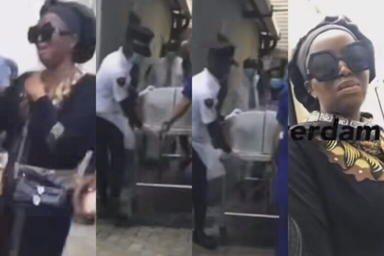 Mr Ibu’s wife and family spotted for the first time as actor’s body is taken out of the morgue (Video)