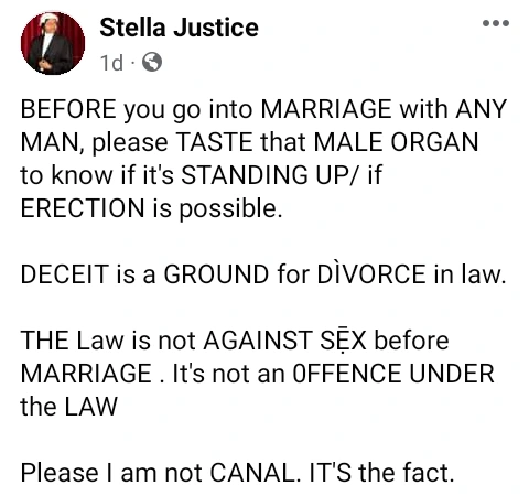 Before you go into marriage with any man, please taste the male organ to know if it’s standing up – Nigerian lawyer advises women